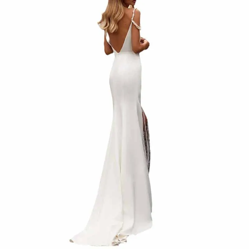 A Line V-Neck Satin Wedding Dress Pearl Spaghetti Straps Slit Bridal Dress