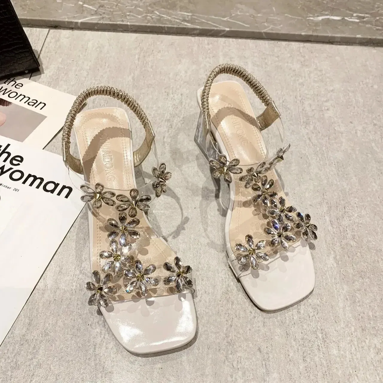 ARWEN & AJH GROUP Sandals Women Summer New Fashion Women's Sandals 2024 Flowers Rhinestone Sandals Transparent Root Open Toe Woman Heeled Shoes