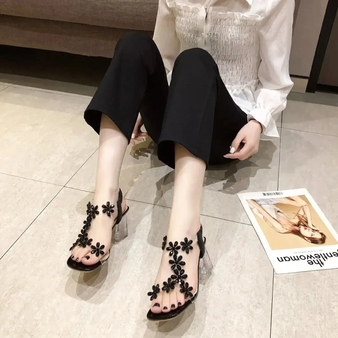 ARWEN & AJH GROUP Sandals Women Summer New Fashion Women's Sandals 2024 Flowers Rhinestone Sandals Transparent Root Open Toe Woman Heeled Shoes