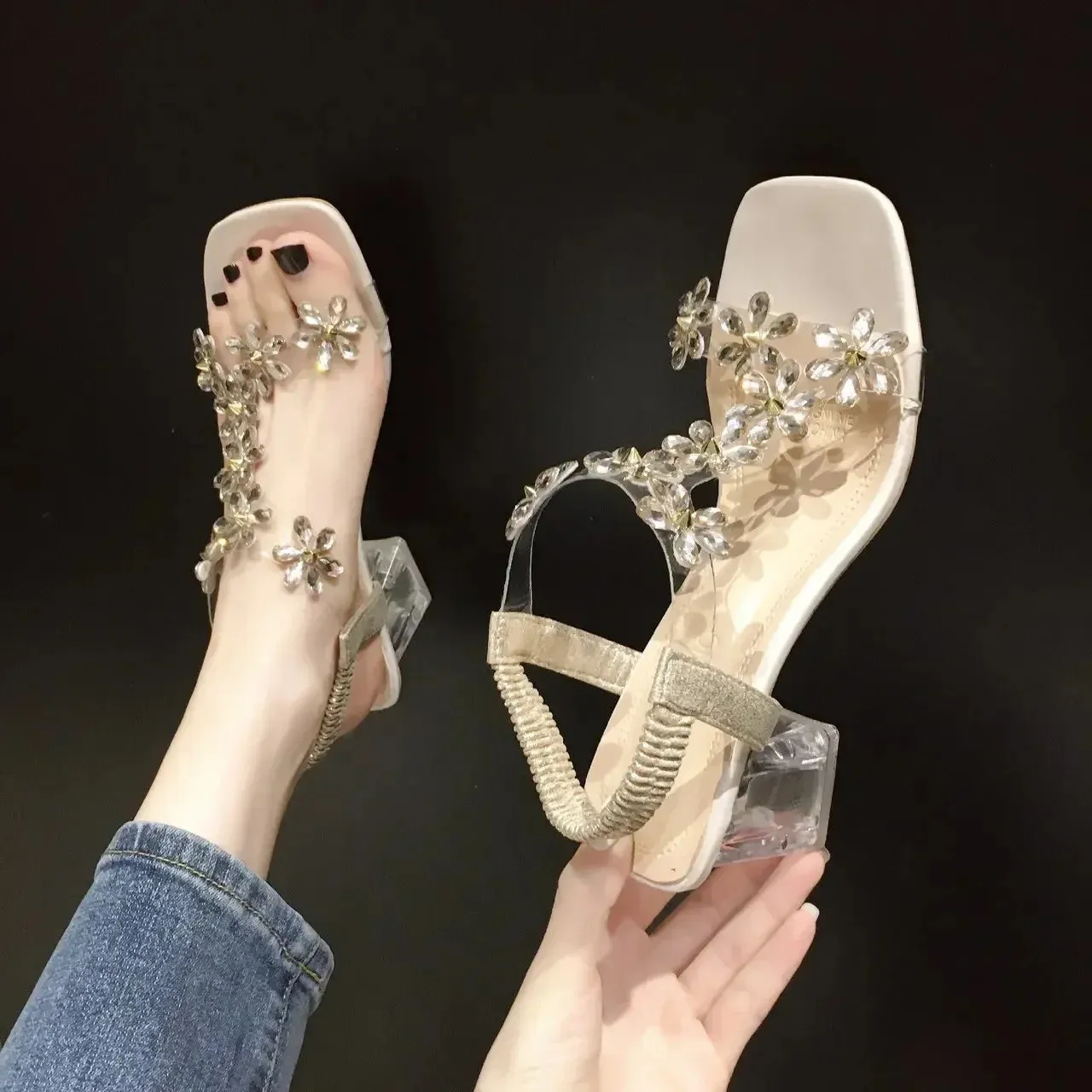 ARWEN & AJH GROUP Sandals Women Summer New Fashion Women's Sandals 2024 Flowers Rhinestone Sandals Transparent Root Open Toe Woman Heeled Shoes