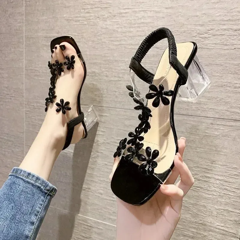 ARWEN & AJH GROUP Sandals Women Summer New Fashion Women's Sandals 2024 Flowers Rhinestone Sandals Transparent Root Open Toe Woman Heeled Shoes