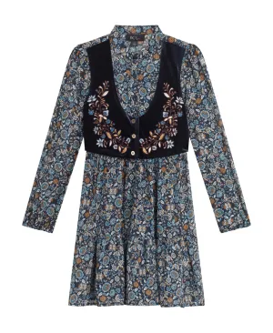 Beautees Big Girls Long Sleeves Print Chiffon Dress with Embroidered Velvet Faux Vest - Navy