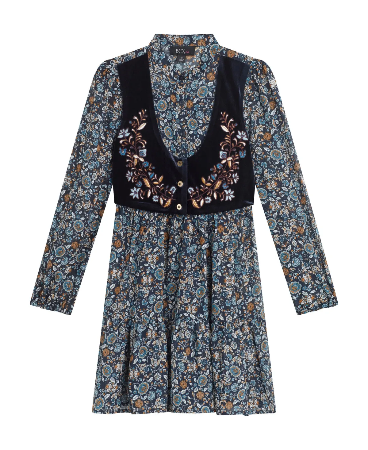 Beautees Big Girls Long Sleeves Print Chiffon Dress with Embroidered Velvet Faux Vest - Navy