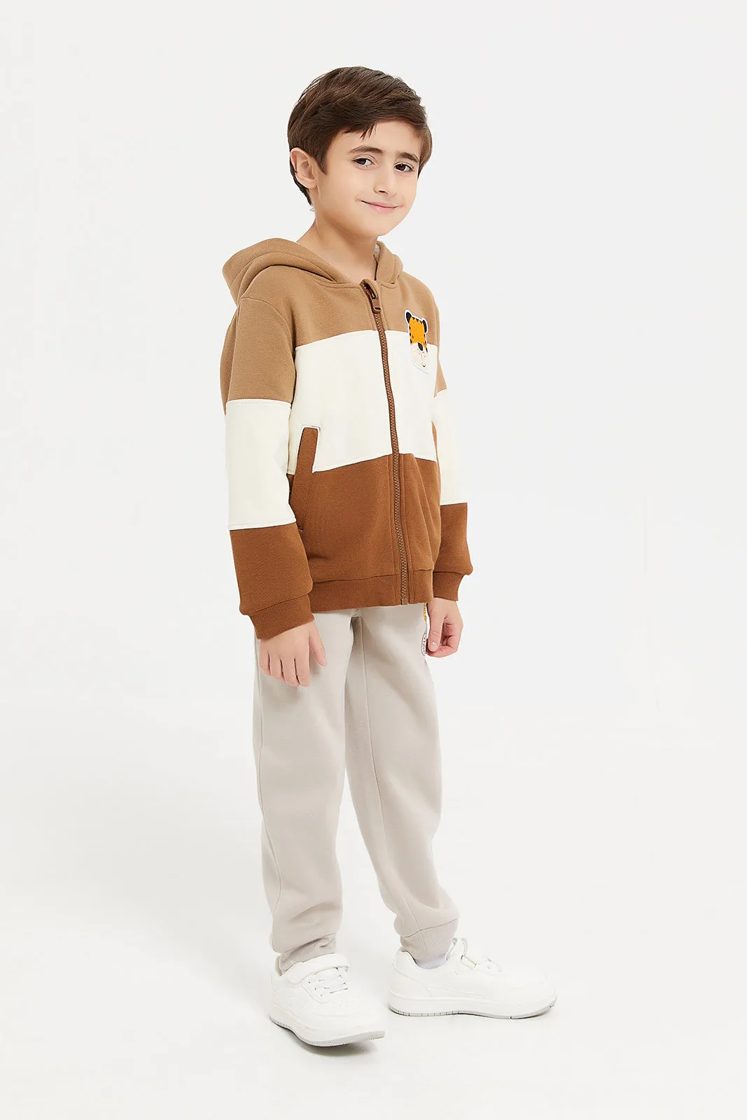 Boys Beige And Brown Hooded Sweatshirt