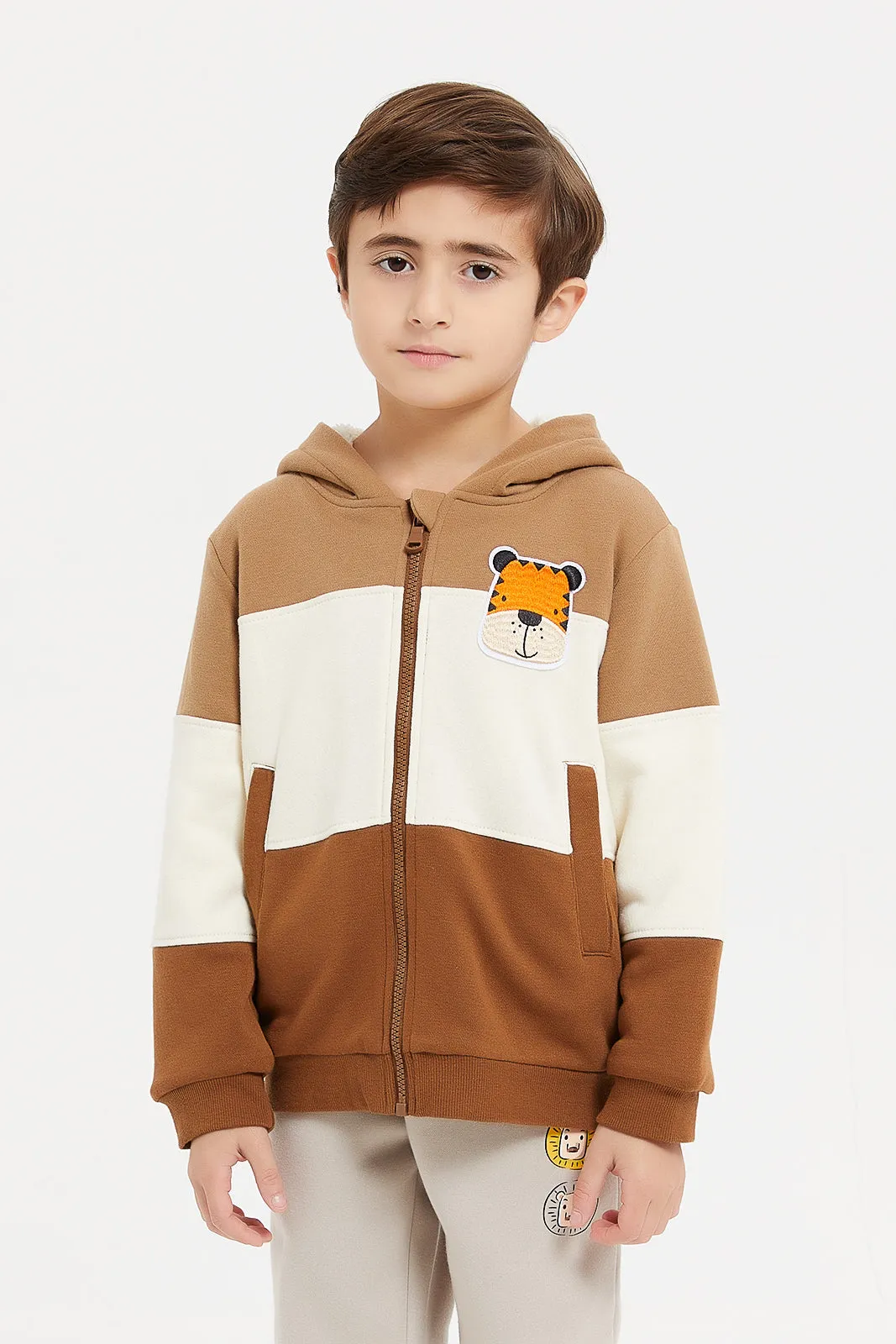 Boys Beige And Brown Hooded Sweatshirt