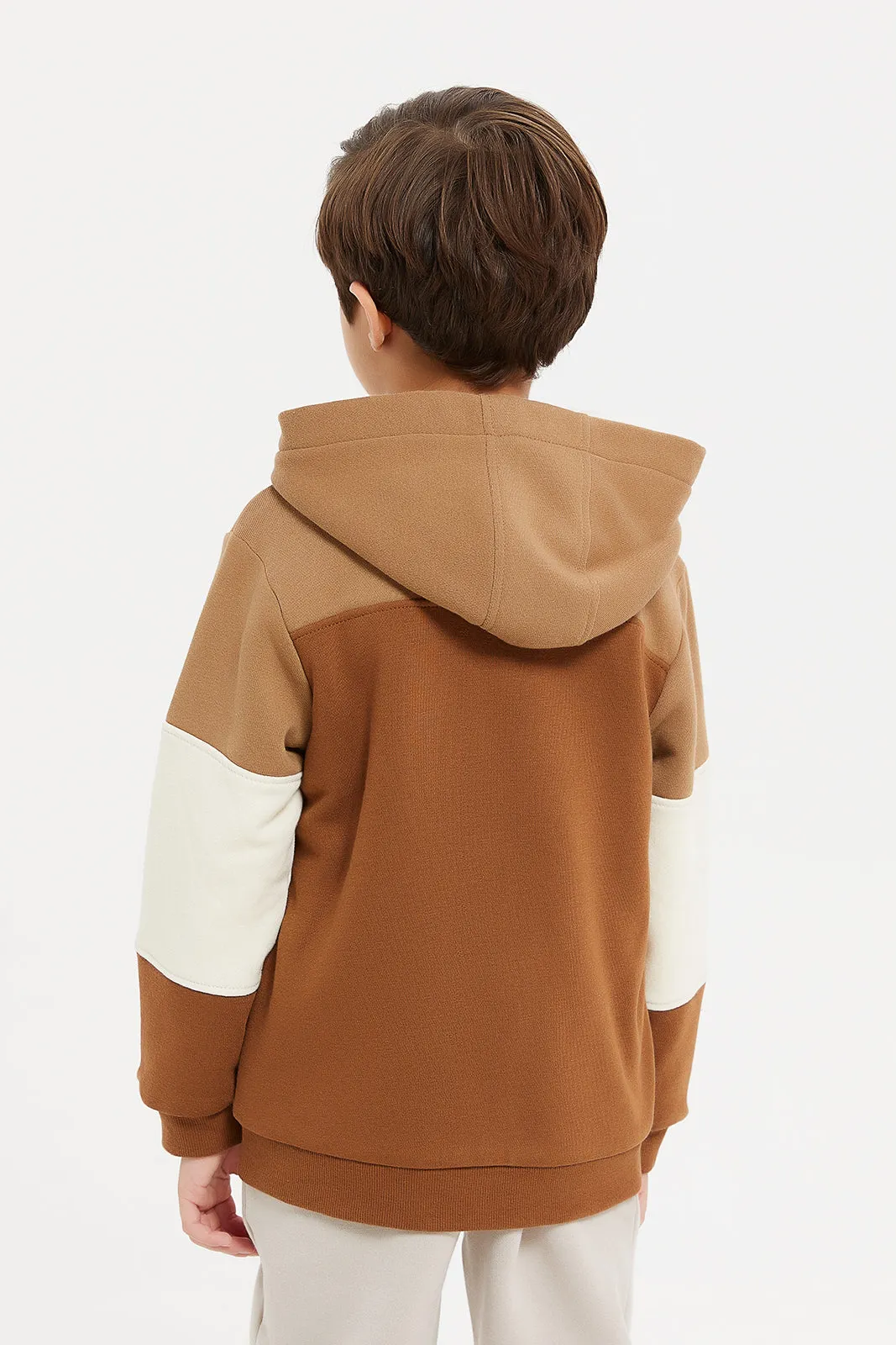 Boys Beige And Brown Hooded Sweatshirt