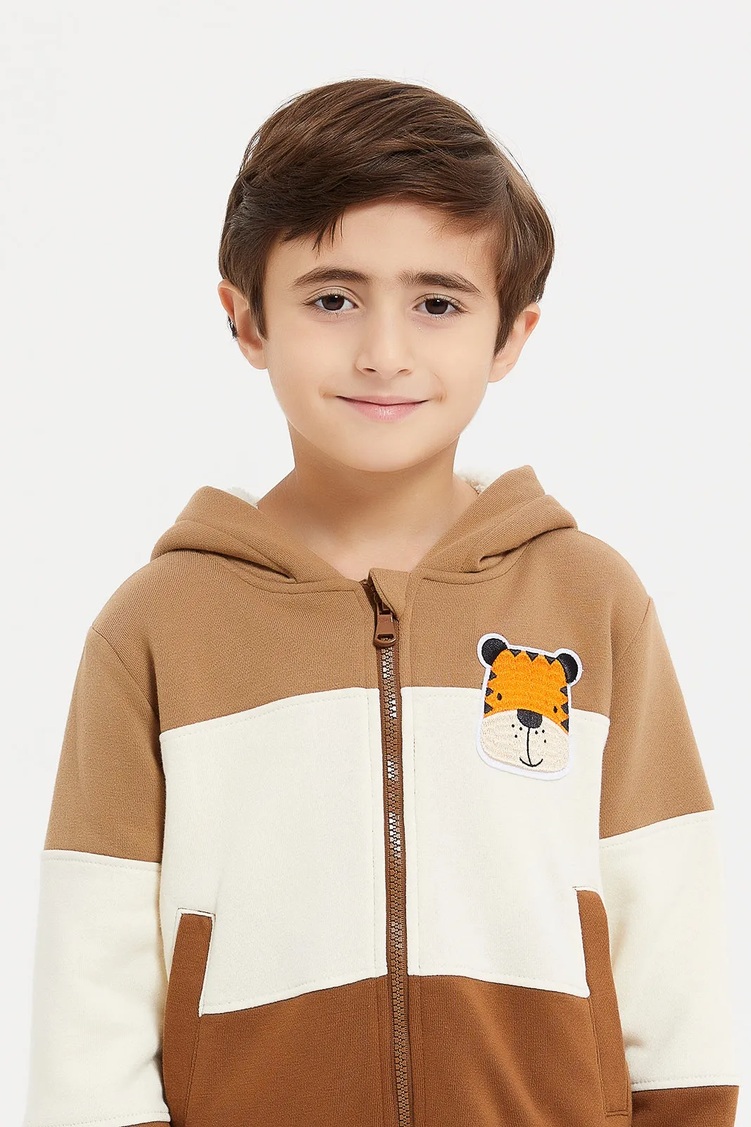 Boys Beige And Brown Hooded Sweatshirt