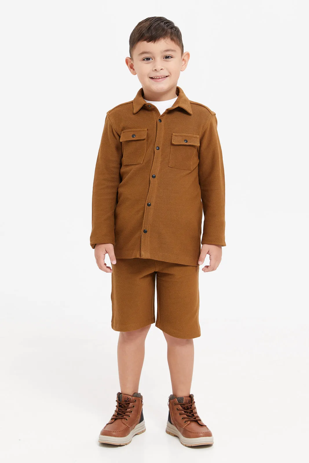 Boys White And Brown T-Shirt And Shorts Set (3 Piece)