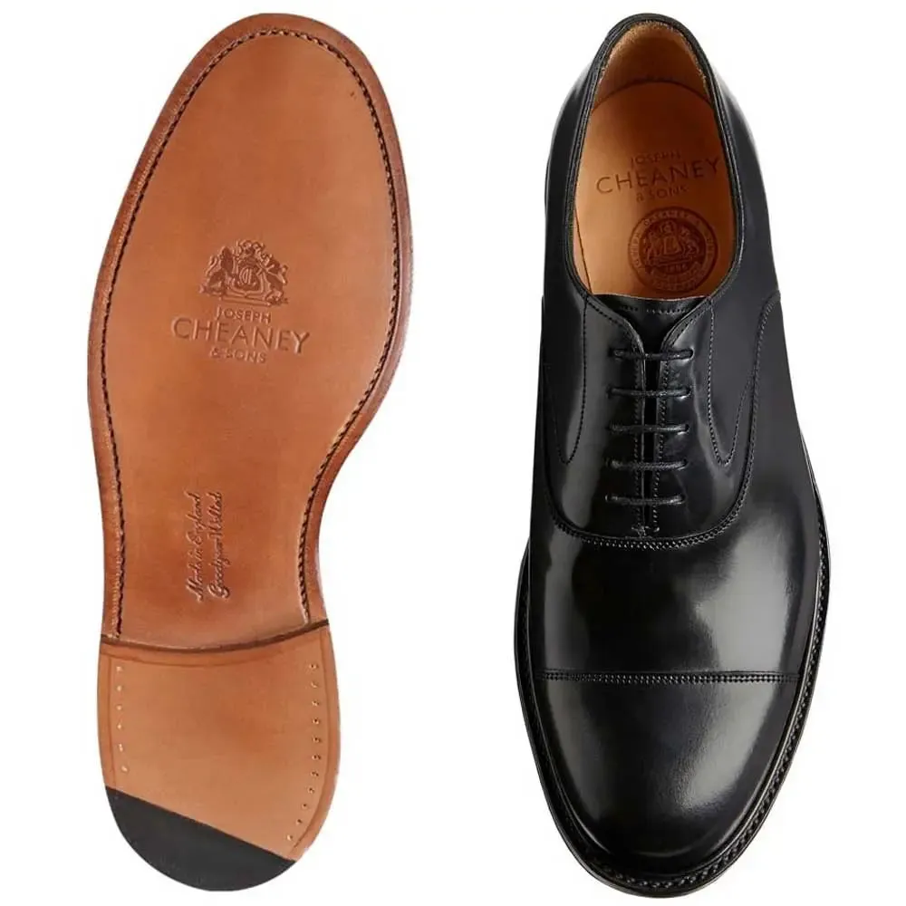 CHEANEY Shoes - Greenwich Capped Oxford - Black Hi-Shine