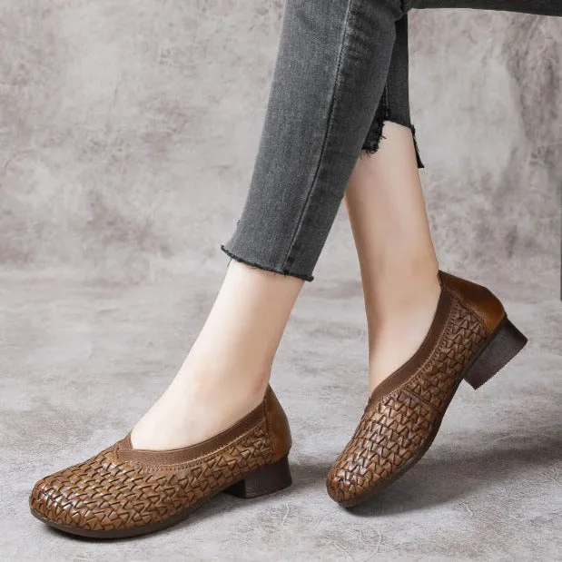 Chunky Heel Soft Cowhide Woven Leather Shoes Women