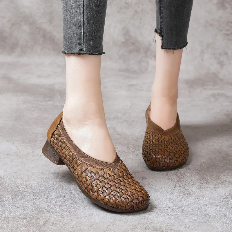 Chunky Heel Soft Cowhide Woven Leather Shoes Women