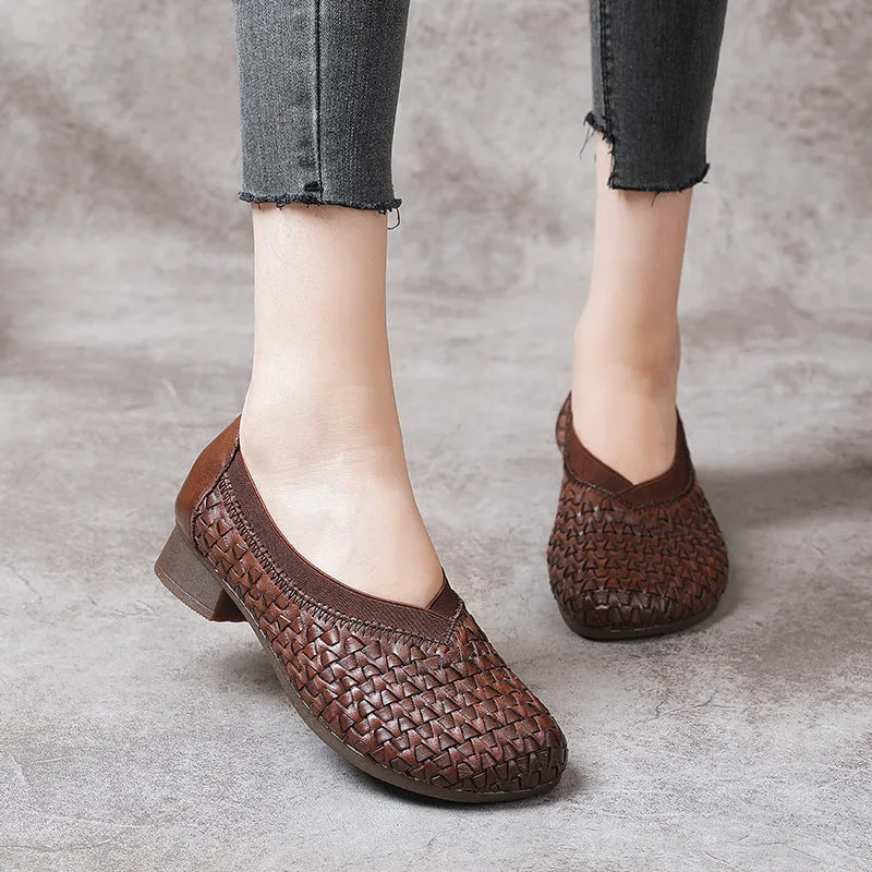 Chunky Heel Soft Cowhide Woven Leather Shoes Women