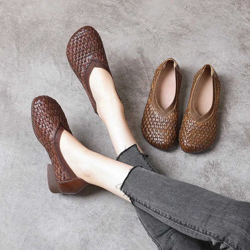 Chunky Heel Soft Cowhide Woven Leather Shoes Women