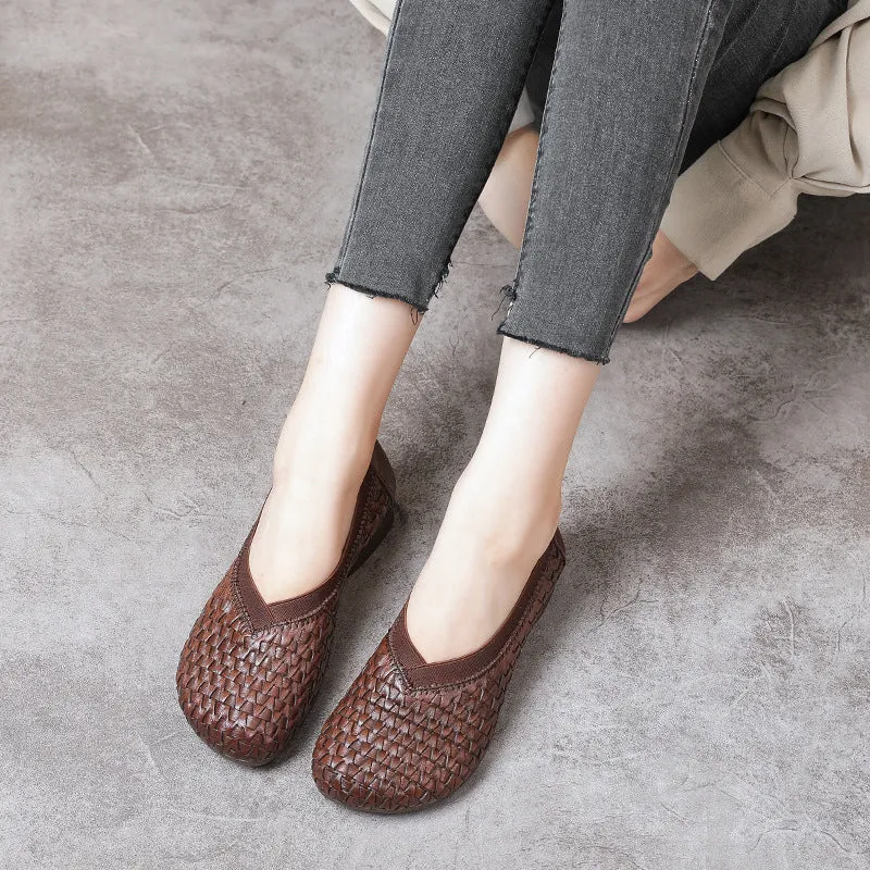 Chunky Heel Soft Cowhide Woven Leather Shoes Women