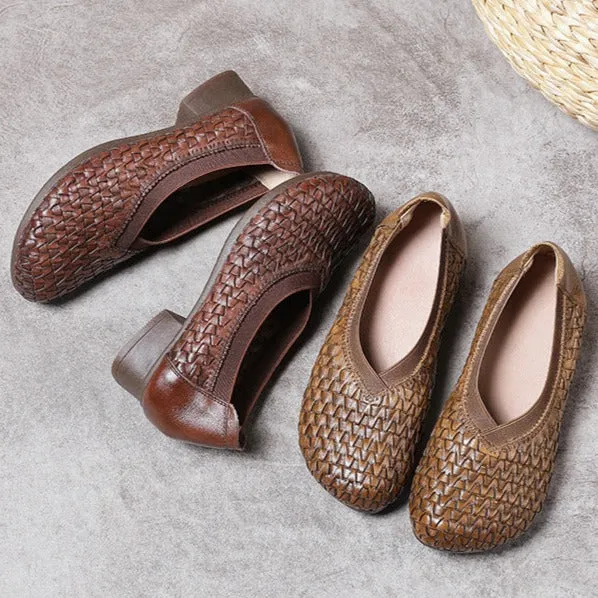 Chunky Heel Soft Cowhide Woven Leather Shoes Women