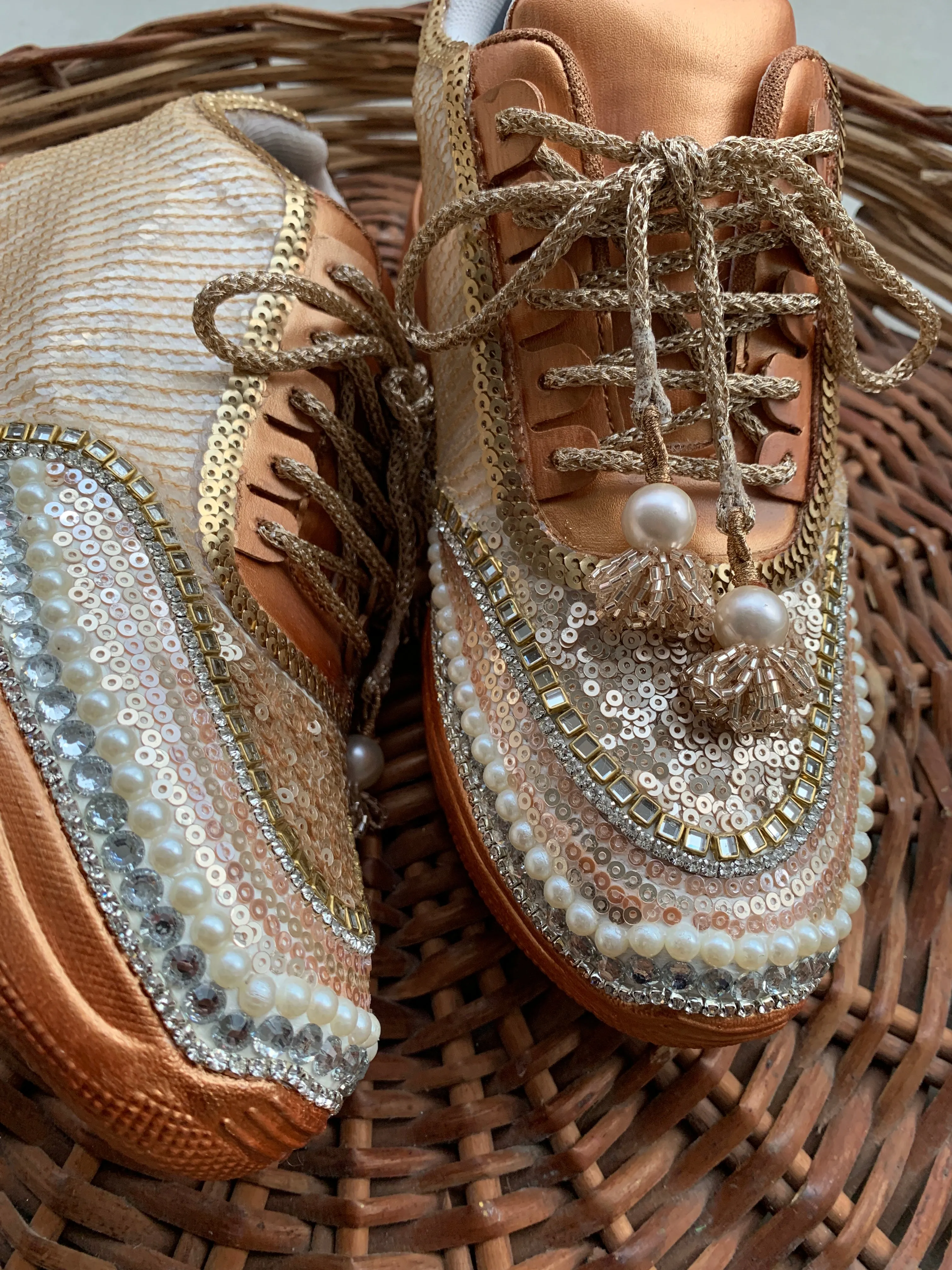 FUNKY N TRENDY rhinestone/ pearl in copper shade hand work sneakers for brides / bridesmaids