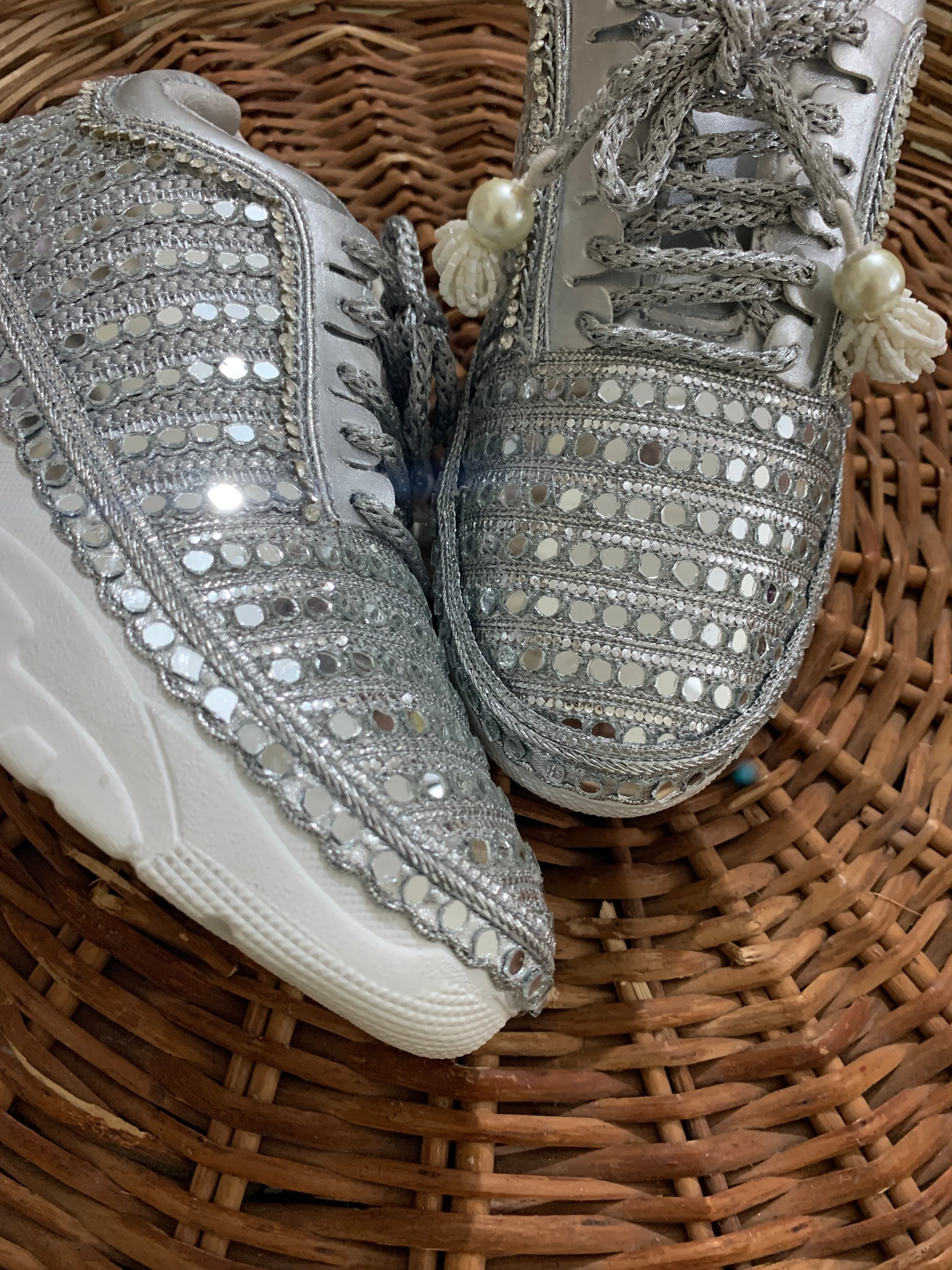 FUNKY N TRENDY Silver mirror hand work sneakers for brides / bridesmaids/ silver sneakers / silver mirror sneakers / silver shoes/ mirrror shoes