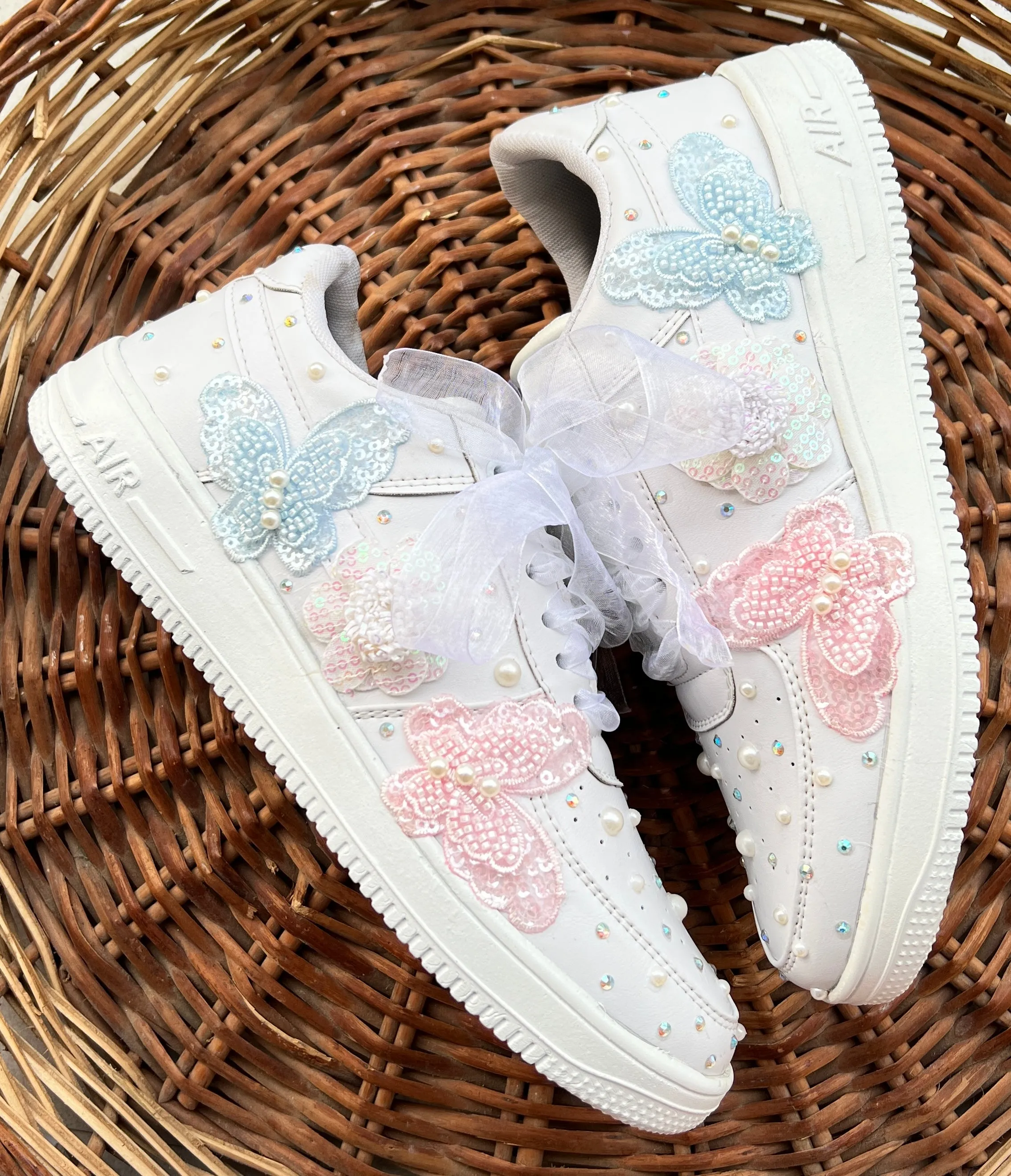 Funky N Trendy silver / white embroidery work bridal sneakers/ bridesmaid sneaker / hancrafted sneakers / white sneakers / silver sneakers/ pearl shoes /pearl sneakers/pink and blue butterfly sneakers