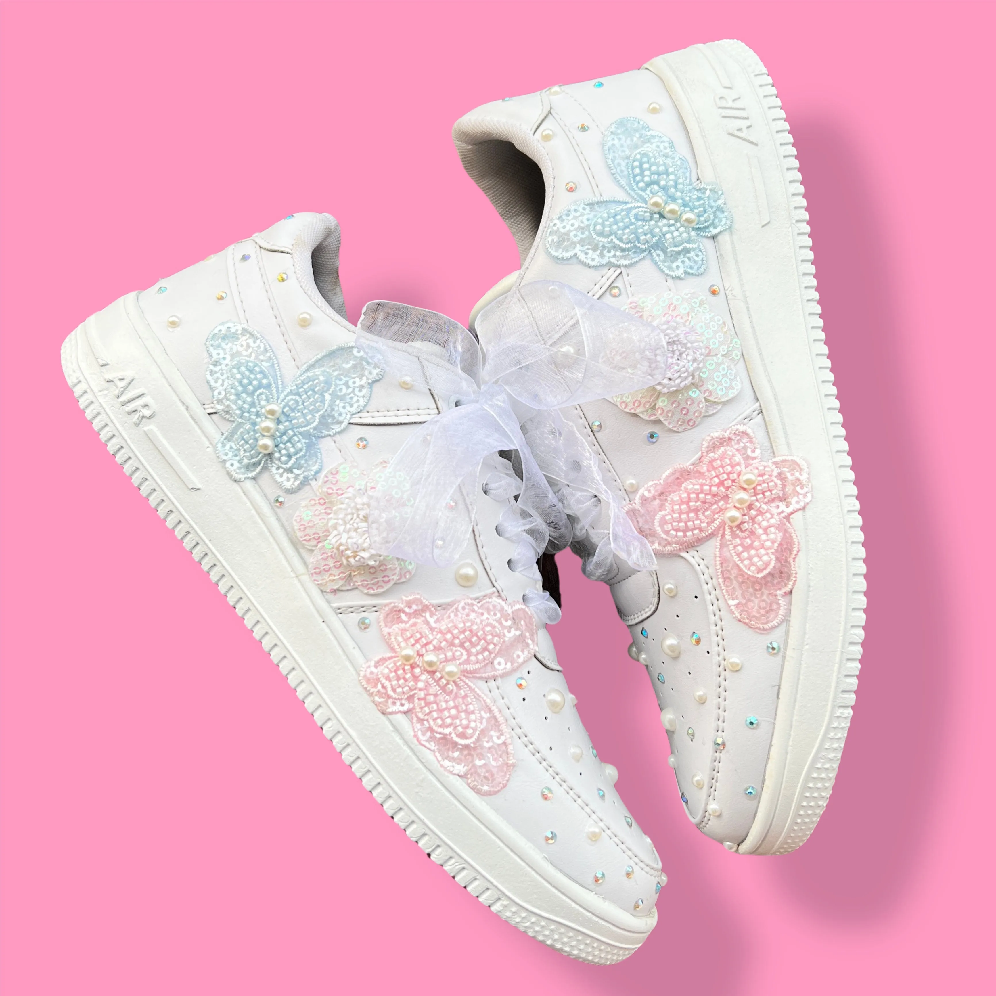 Funky N Trendy silver / white embroidery work bridal sneakers/ bridesmaid sneaker / hancrafted sneakers / white sneakers / silver sneakers/ pearl shoes /pearl sneakers/pink and blue butterfly sneakers