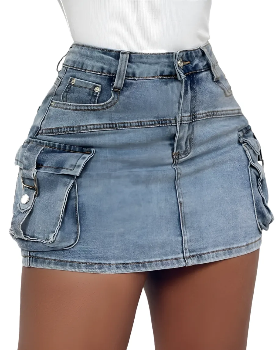 High Waist Plain Skinny Mini Denim Skirt