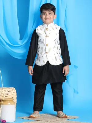 Jashvi White And Gold Scuba Foil Print Nehru Jacket And Black Solid Kurta Pyjama Set