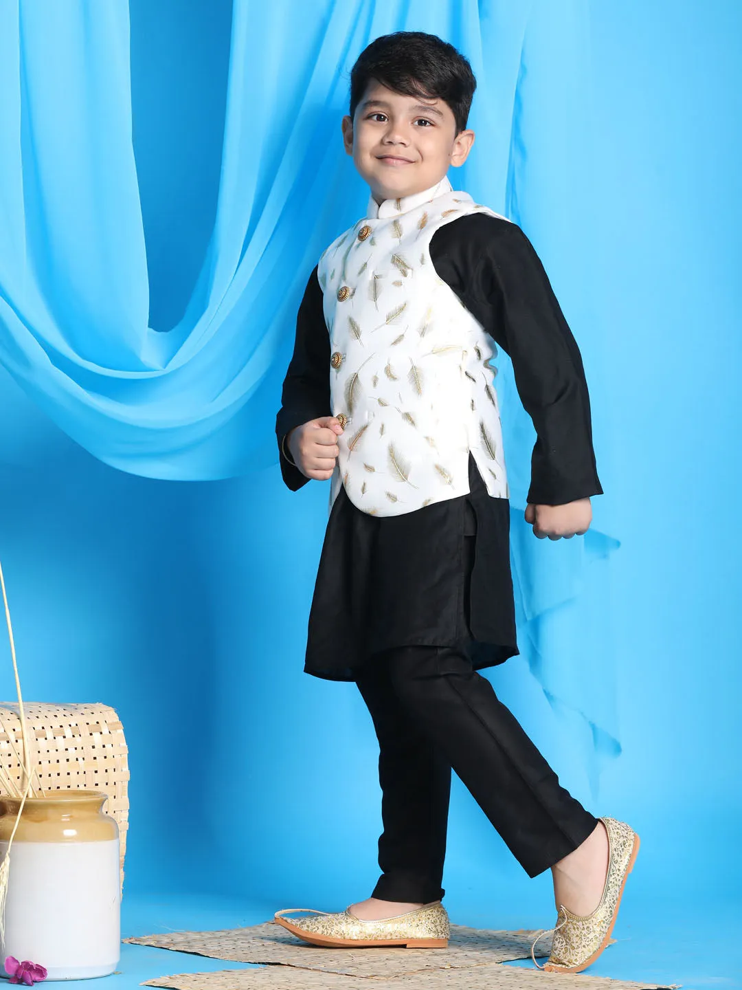 Jashvi White And Gold Scuba Foil Print Nehru Jacket And Black Solid Kurta Pyjama Set