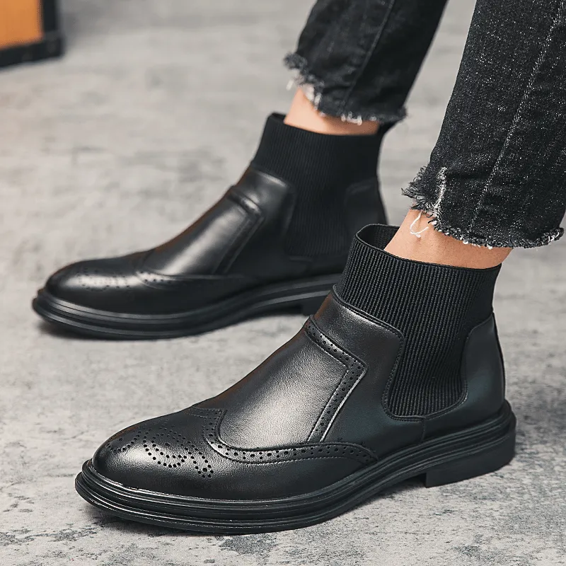 kkboxly kkboxly Men Brogue Comfy Elastic Slip on Chelsea Boots