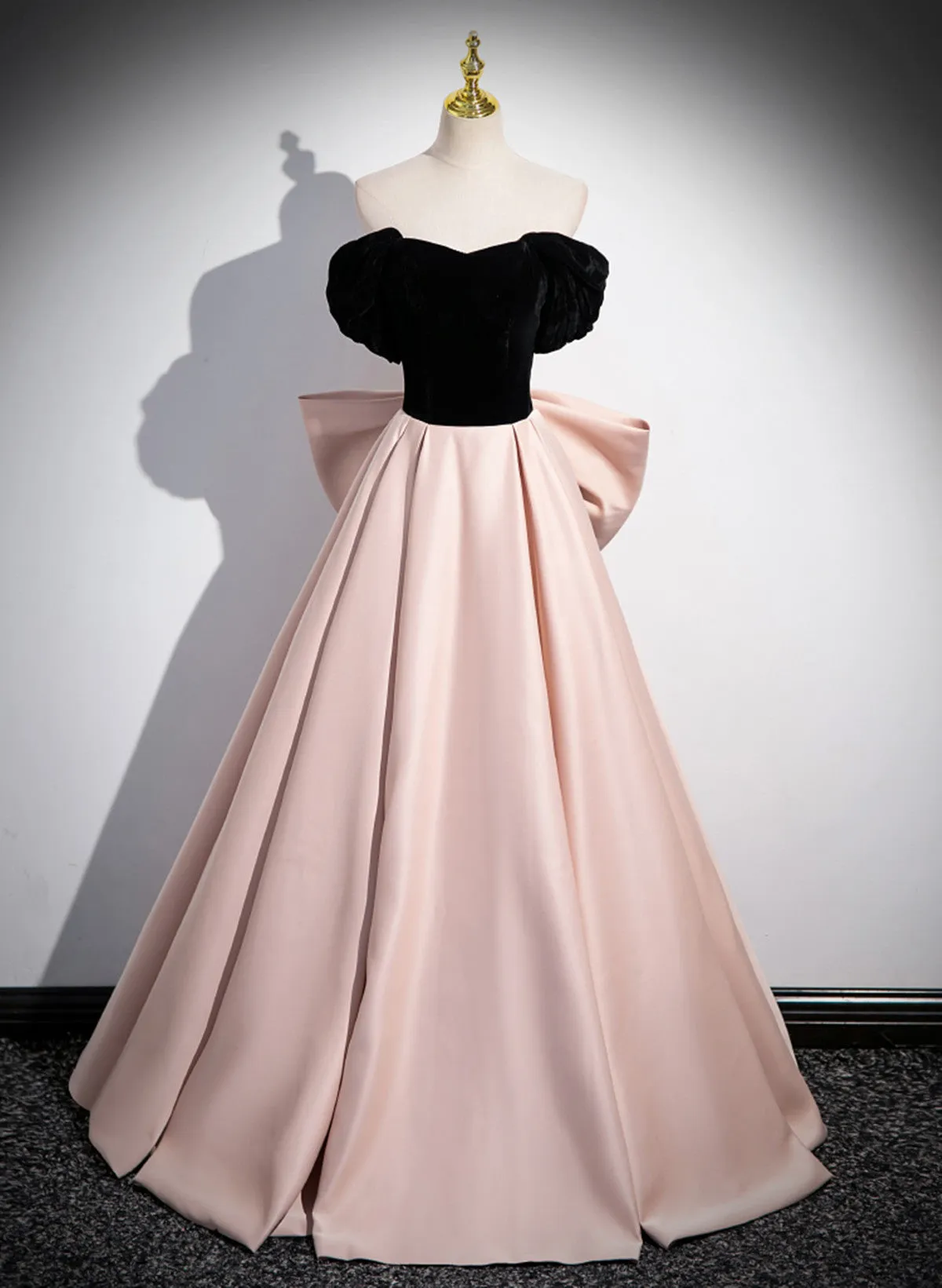 Lovely Pink and Black Off Shoulder Long Prom Dress with Bow, Pink Long Evening Dress