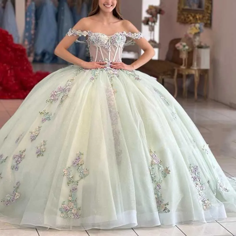 Off Shoulder Quinceanera Dresses Tulle Ball Gowns Lace Appliques Prom Dress