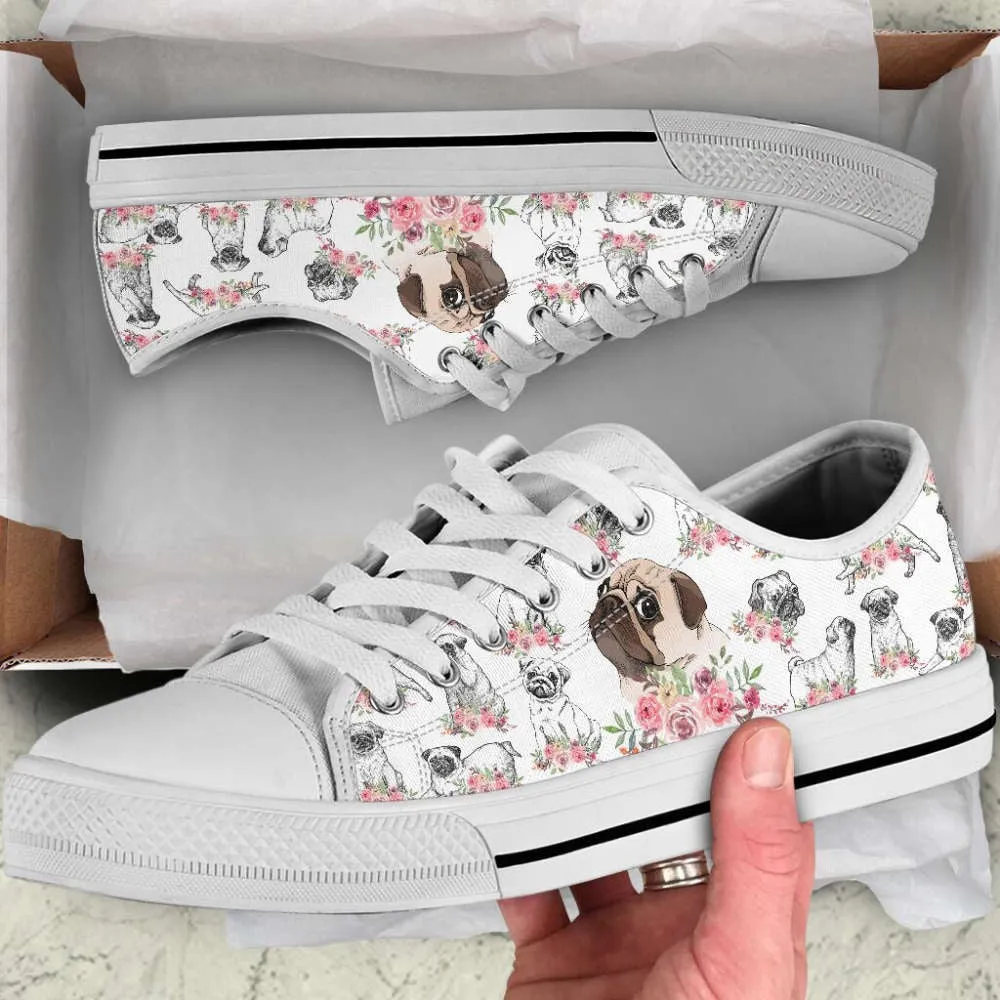 Pug Dog Watercolor Flower Low Top Shoes Canvas Sneakers Casual Shoes, Dog Printed Shoes, Canvas Shoes For Men, Women