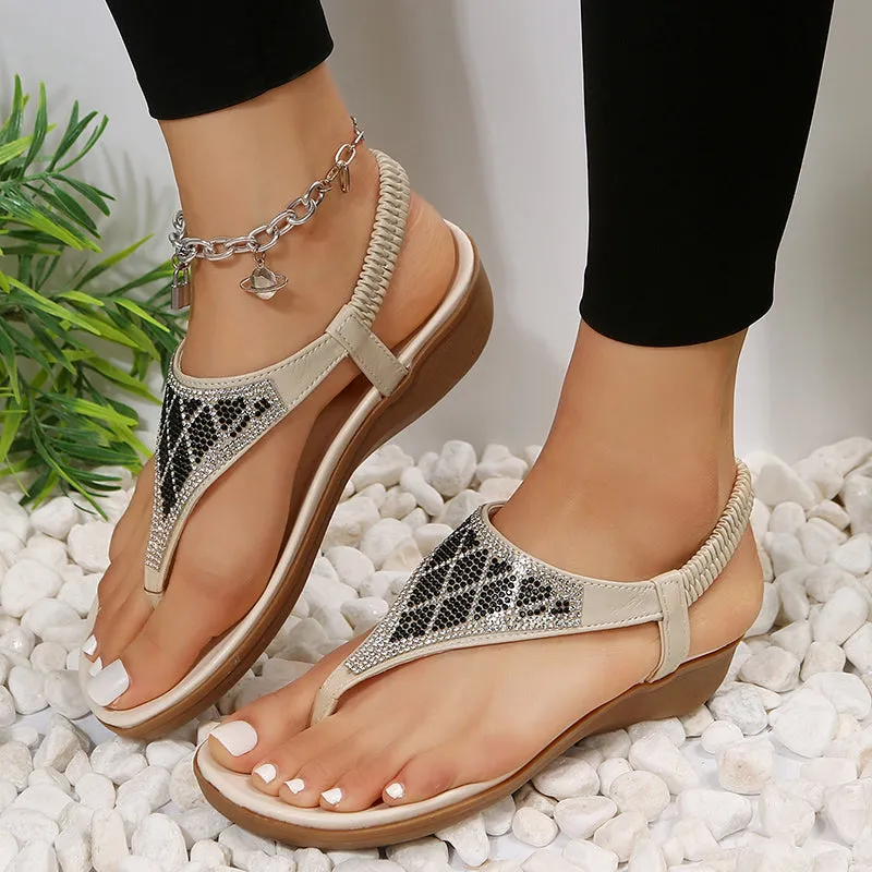 Rhinestones Thong Sandals Bohemia Style Clip Toe Sandals Women Rome Beach Shoes Summer