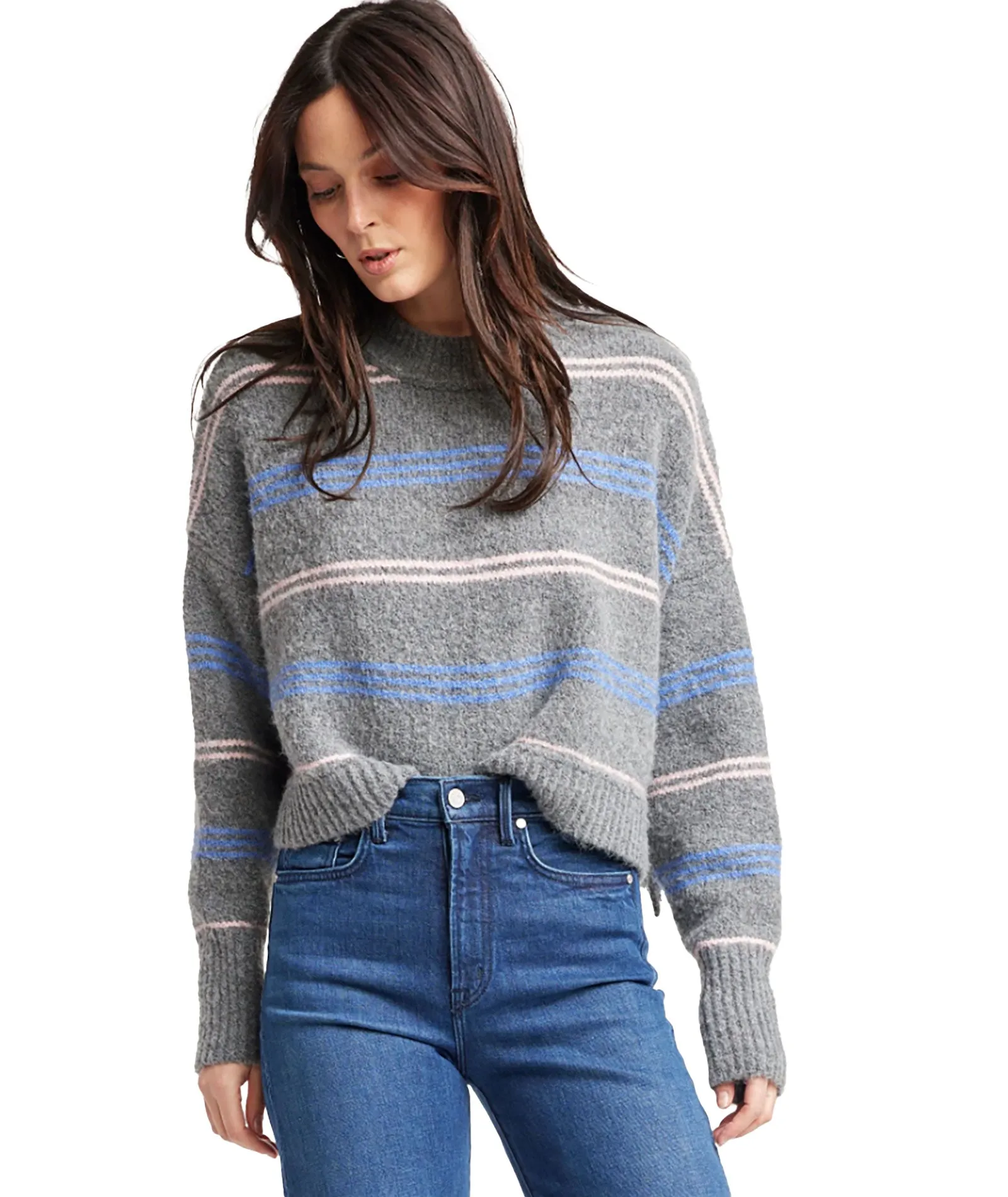 Self Contrast Women Pink/Blue Striped Rya Sweater