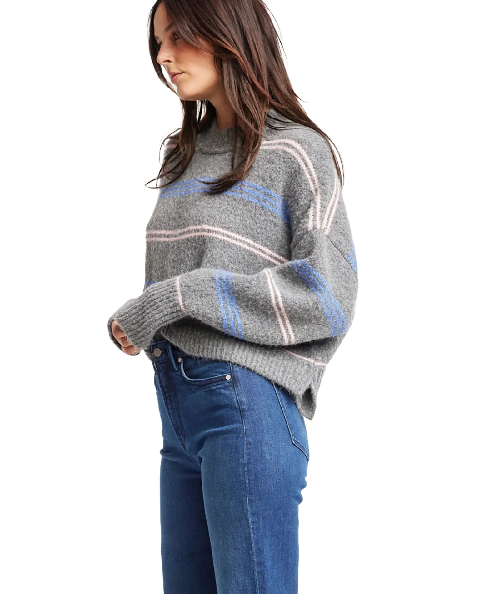 Self Contrast Women Pink/Blue Striped Rya Sweater