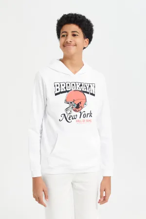 Senior Boys White Hooded Graphic Sweatshirt