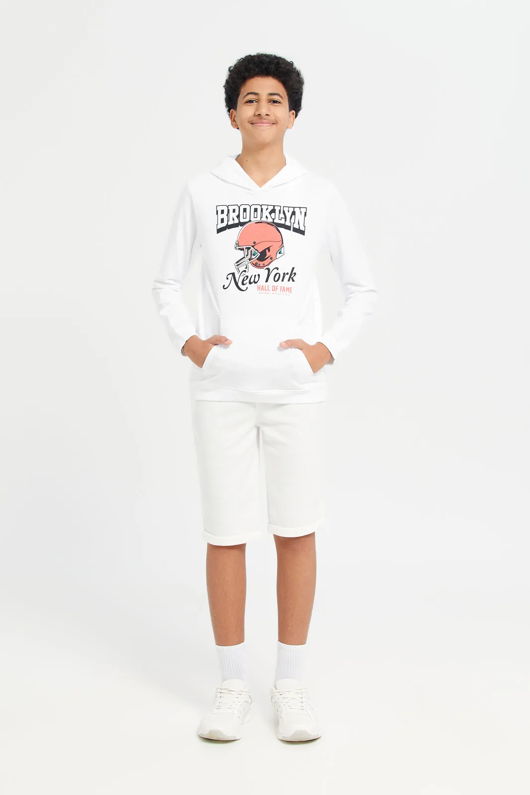 Senior Boys White Hooded Graphic Sweatshirt