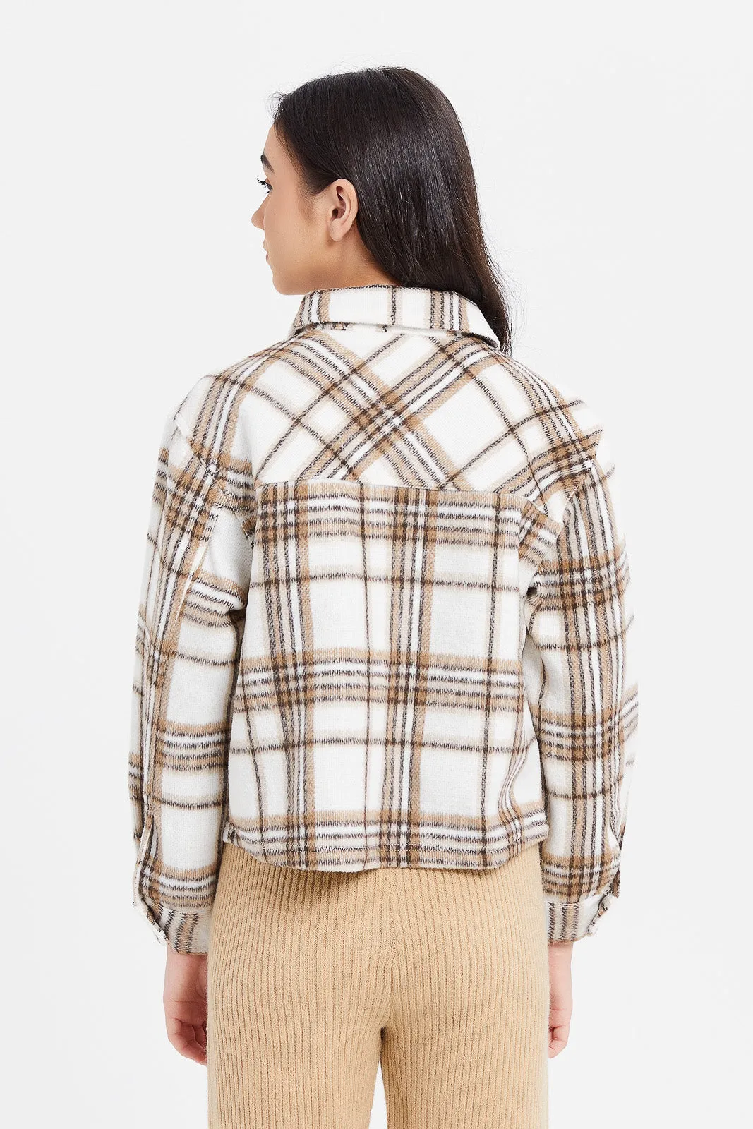 Senior Girls Beige And Brown Checkered Jacket