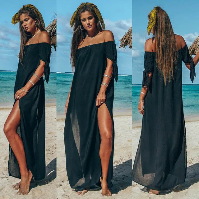 Sexy Off Shoulder Women Tunic Beach Dress Swim Suit Short Sleeve Solid Cover Up Summer Maxi Beach Dresses For Women Swimsuits