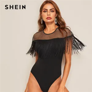 SHEIN Glitter Sheer Yoke Fringe Trim Bodysuit Glamorous Black Contrast Mesh Summer Bodysuit Women Sleeveless Sexy Bodysuits