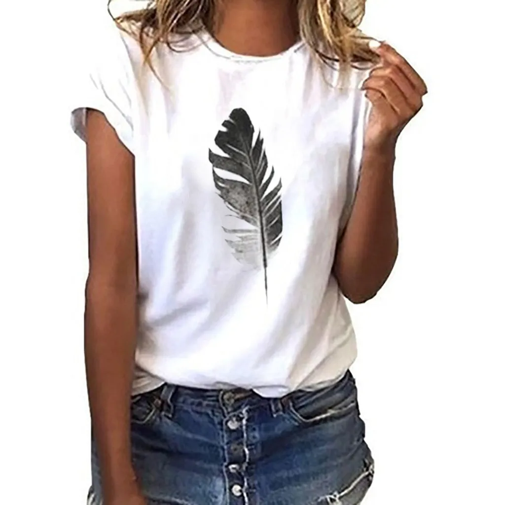 T Shirt Women Loose Short-Sleeved Leaf Print Tshirt O-Neck Summer Top Short Sleeve Plus Size T-shirt футболка жен C25