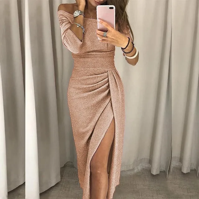 VIEUNSTA Sexy Off Shoulder Party Dress Women High Slit Peplum Bodycon Dress Autumn Three Quarter Sleeve Bright Silk Shiny Dress