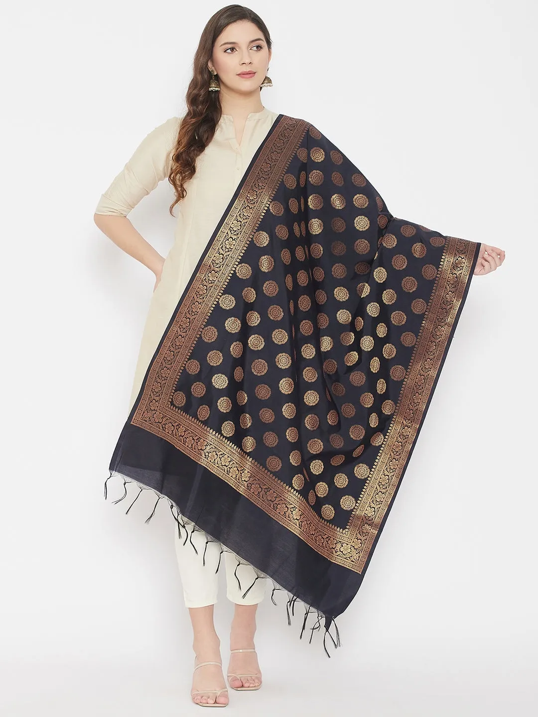 Women Black Banarsi Silk Dupatta