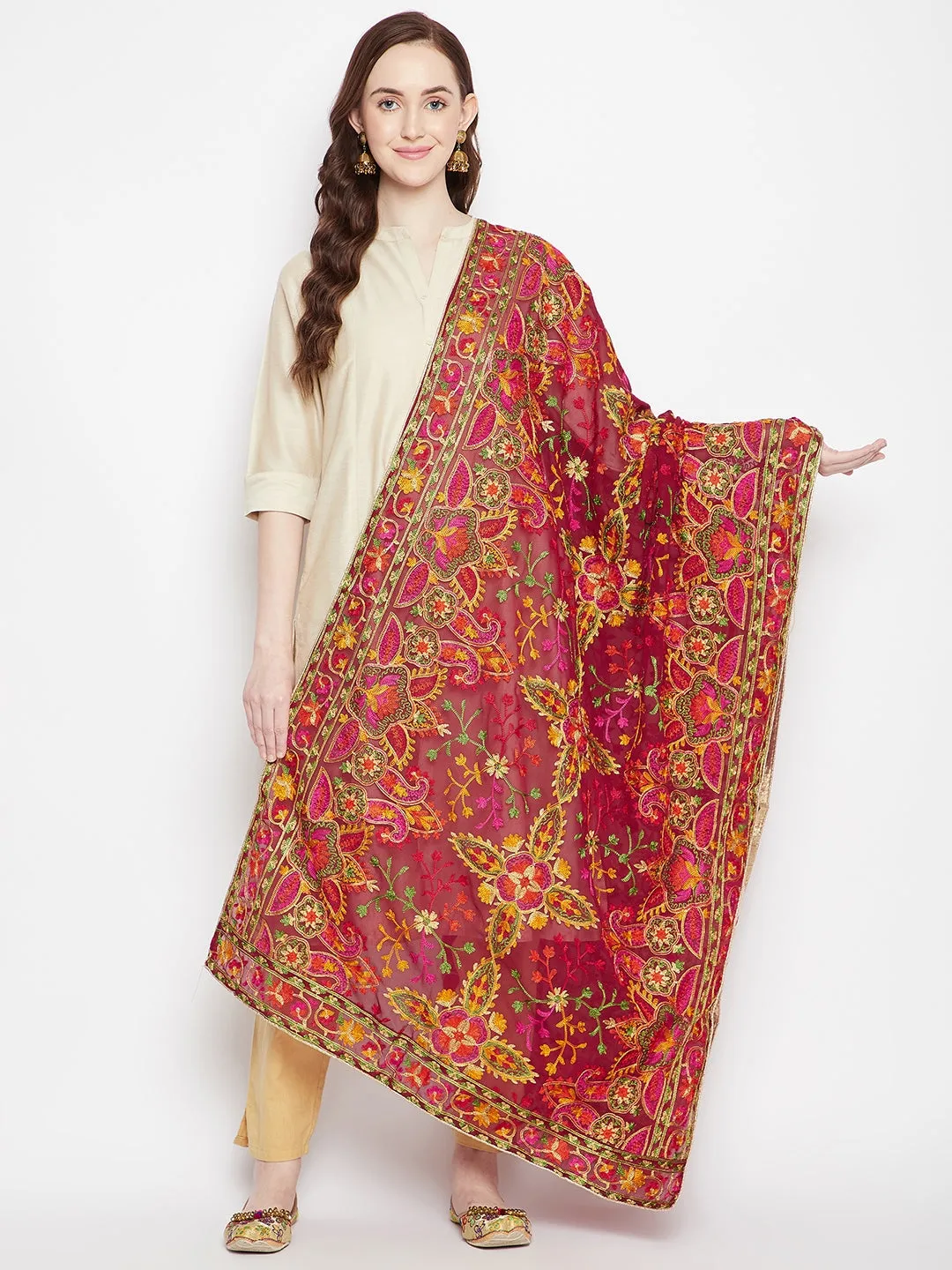 Women Maroon Embroidery Georgette Dupatta