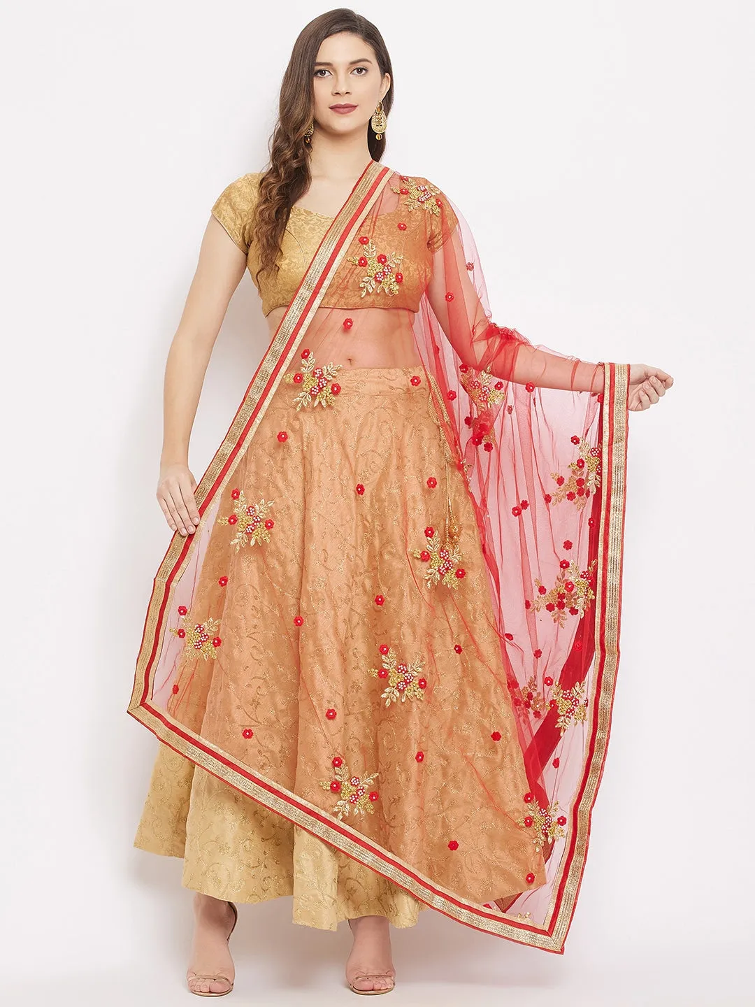 Women Red Embroidered Net Dupatta