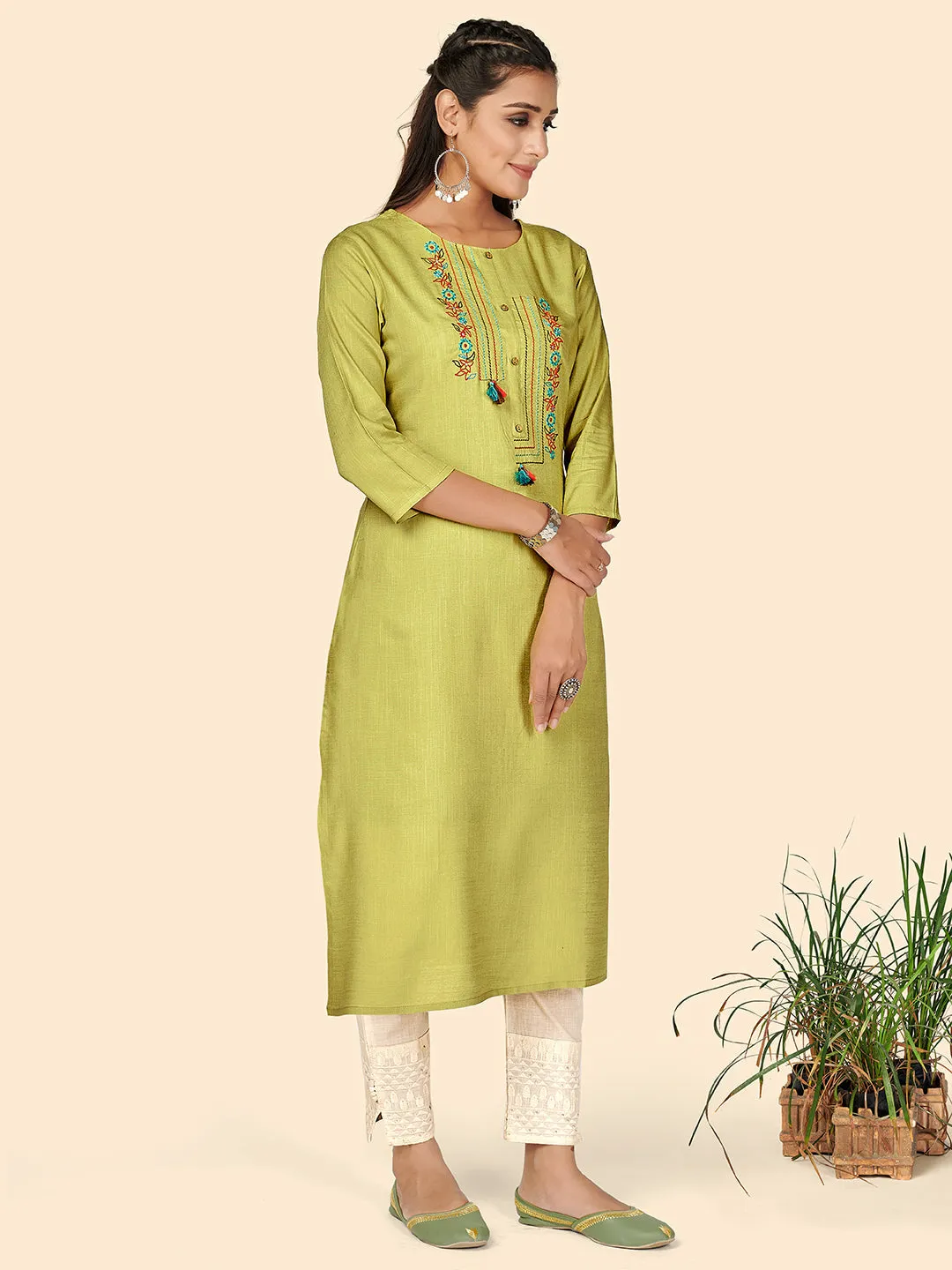 Women'S Embroidered Straight Rayon Light Green Stitched Kurta