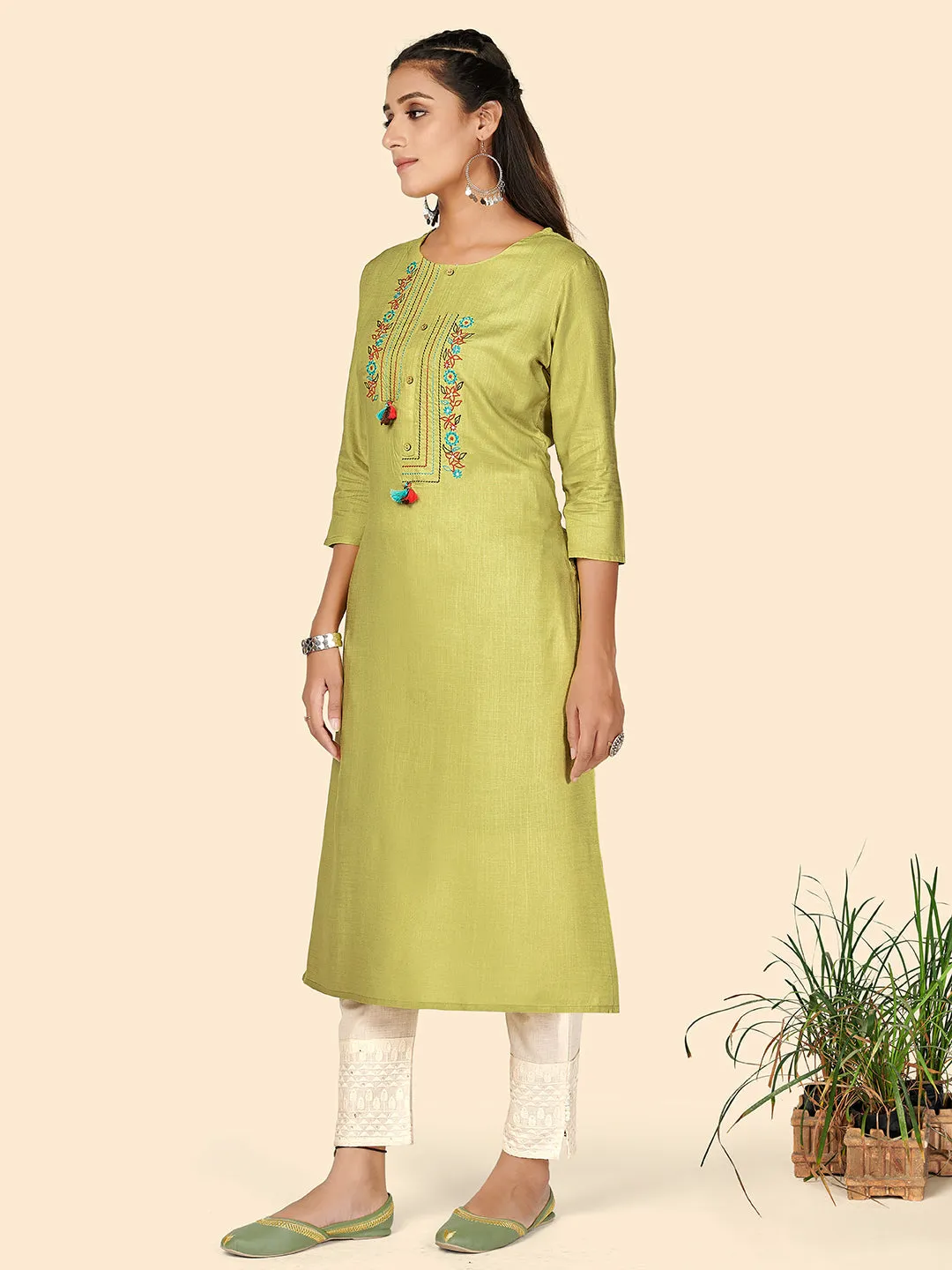 Women'S Embroidered Straight Rayon Light Green Stitched Kurta