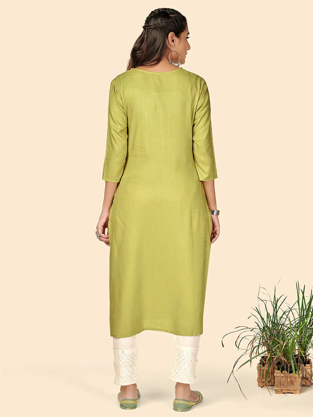 Women'S Embroidered Straight Rayon Light Green Stitched Kurta