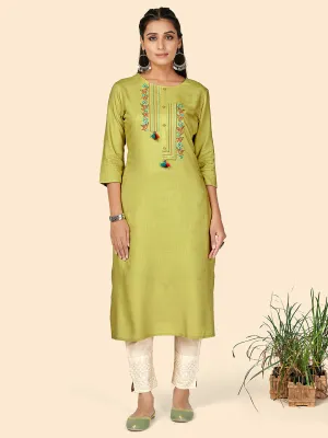 Women'S Embroidered Straight Rayon Light Green Stitched Kurta