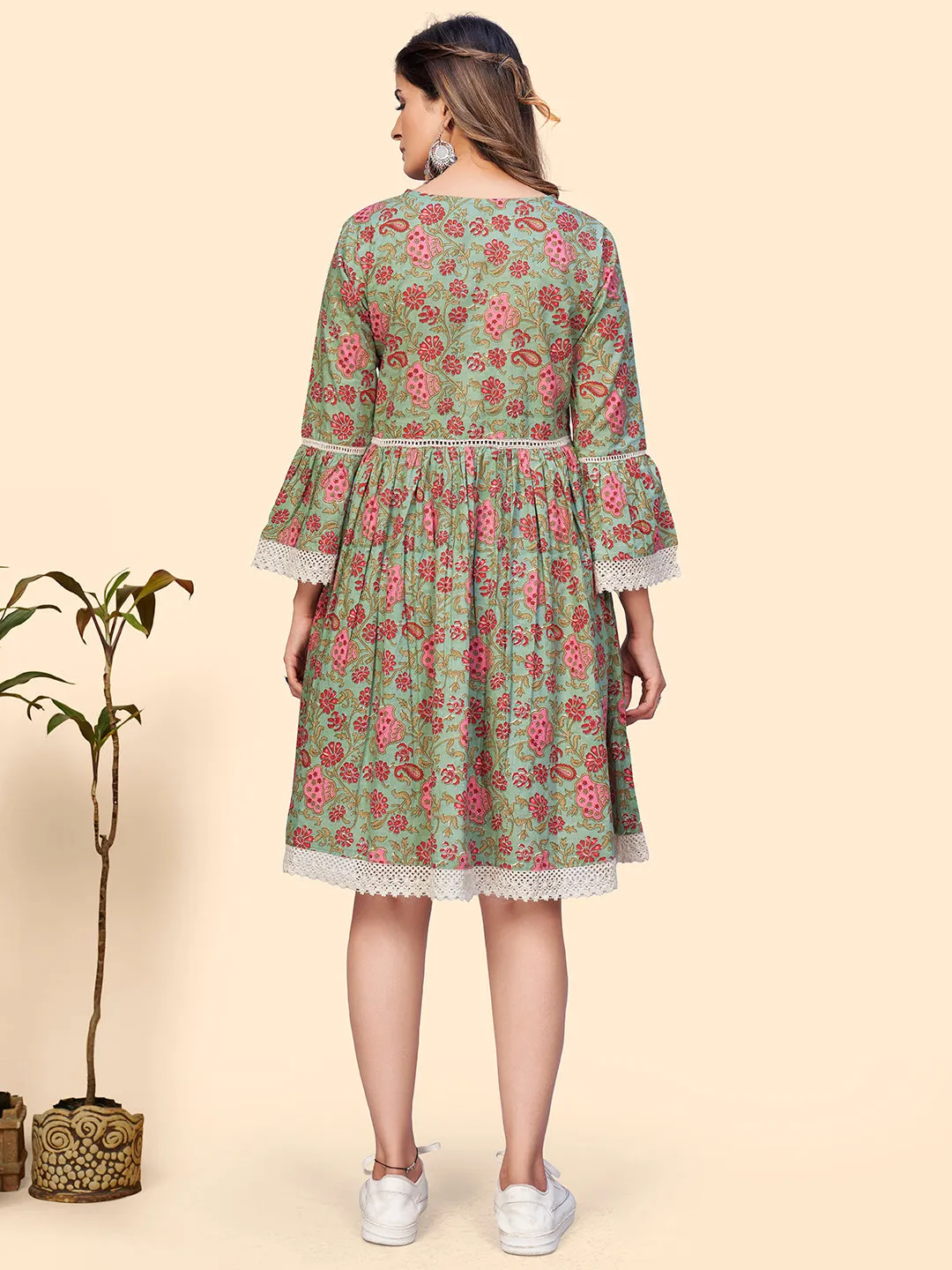 Women'S Floral Print Flared Cotton Sea Green Stitched Dress