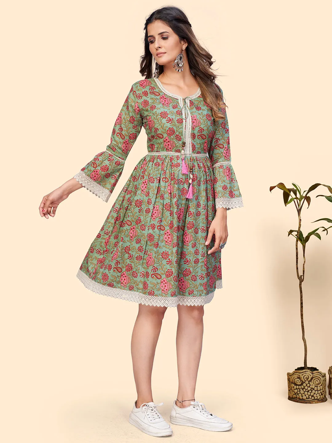 Women'S Floral Print Flared Cotton Sea Green Stitched Dress