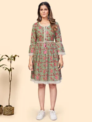 Women'S Floral Print Flared Cotton Sea Green Stitched Dress